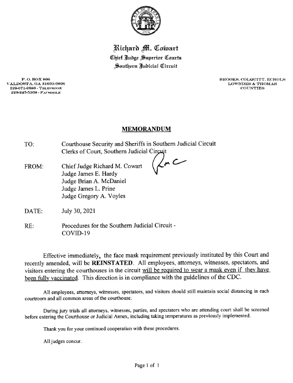 Reinstatement of Face Masks - Superior Court